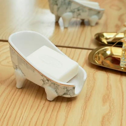 5.5" Self Draining Mini Bathtub Soap Dish, Ceramic Bar Soap Holder with Drain, Marble Pattern Decorative Soap Saver for Shower, Bathroom & Kitchen Sink, Keep Soap Dry, Easy to Clean