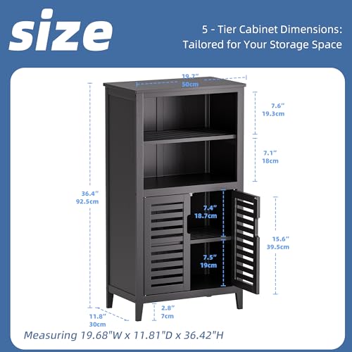 HITNET Black Bathroom Storage Cabinet, Freestanding Bamboo Floor Cabinet 5 Tier Tall Kitchen Cupboard with Door and Removable Shelves - color: Black