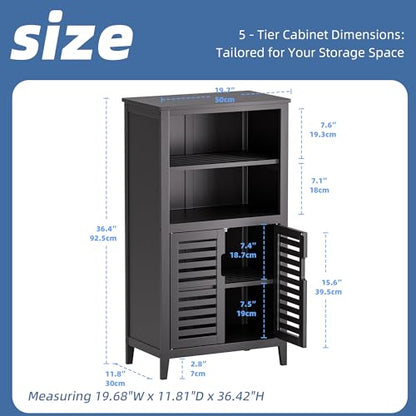 HITNET Black Bathroom Storage Cabinet, Freestanding Bamboo Floor Cabinet 5 Tier Tall Kitchen Cupboard with Door and Removable Shelves - color: Black