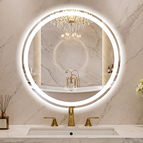 Round LED Bathroom Mirror with Lights, 30 Inch Circle Lighted Vanity Mirror | Anti-Fog, Dimmable 3 Colors, Backlit + Frontlit, HD Shatterproof Tempered Glass, Memory Function - color: 3 Light Modes Round, size: 30"L x 30"W