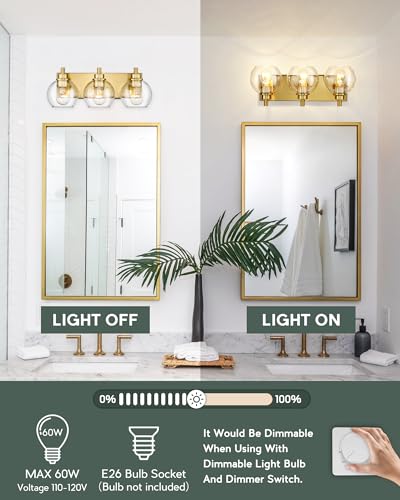 Bathroom Light Fixtures, 3-Light Brushed Gold Vanity Light, Modern Wall Sconces with Clear Glass Globe Shade, Bathroom Wall Lights for Mirror Kitchen Bedroom Hallway Living Room, VL195-GD-3 | 18" modern bathroom light fixtures over mirror, E26 base, bulbs