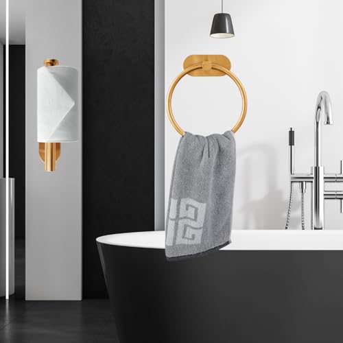 Self Adhesive Towel Ring and Toilet Paper Holder, No Drilling Stainless Steel Bathroom Hardware Set, Sturdy Bathroom Accessories for Home or Kitchen, Wall Mounted (Gold) - color: Brushed Gold