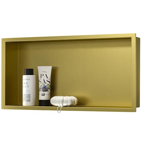 Stainless Steel Shower Niche Brushed Gold 24" X 12" No Tile Needed | Recessed shower niche golden, niche shower for bathroom storage，space-saving,horizontal metal niche,built-in showe shelf - color: Gold, size: 24" X 12"