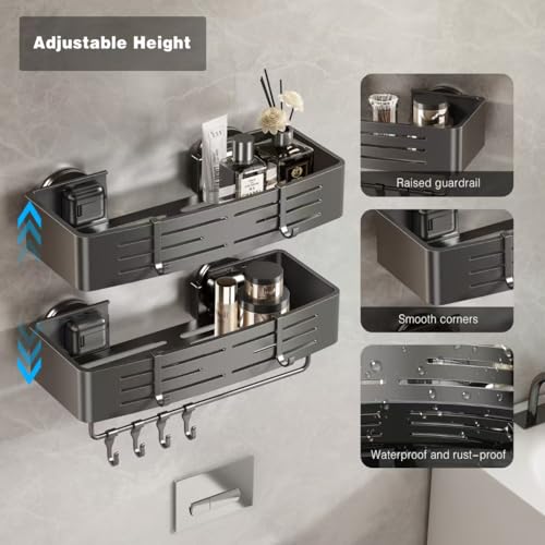 Voldra Shower Caddy Suction Cup, 3 Pack Shower Shelves for Inside Shower No Drilling, Aluminum Suction Showers Organizer with Towel Bar & Hooks Removable Bathroom Shelf Storage Rack(Gray) - style: Suction Cup Rectangle-3 Pack