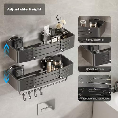 Voldra Shower Caddy Suction Cup, 2 Pack Shower Shelves for Inside Shower No Drilling, Aluminum Suction Showers Organizer with Towel Bar & Hooks Removable Bathroom Shelf Storage Rack(Gray) - style: Suction Cup Rectangle-2 Pack