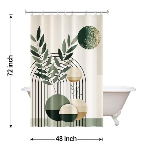 Mid Century Sage Green Stall Shower Curtain with Hooks 48x72 Inch | Waterproof Small Abstract Green and Beige Bathroom Curtain for Shower Stall, Machine Washable - color: Abstract 041, size: 48"W x 72"L (Pack of 1)