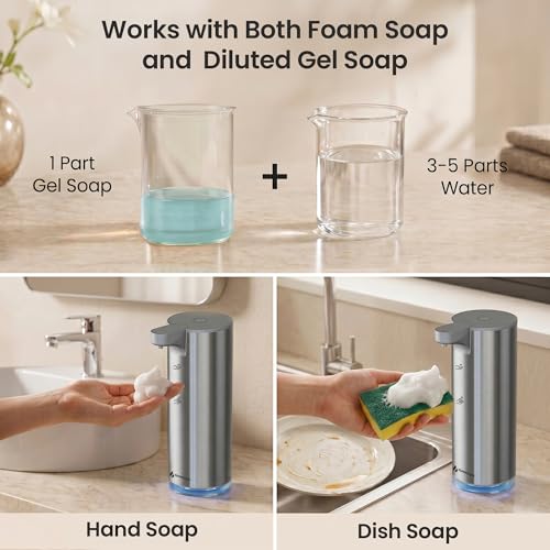 GentleJet EasyFoam Automatic Foaming Soap Dispenser, Touchless USB-C Rechargeable Sensor Pump, 304 Stainless Steel, Adjustable Foam, IPX5 Water-Resistant for Bathroom & Kitchen, 10 fl oz / 300 mL - color: Silver