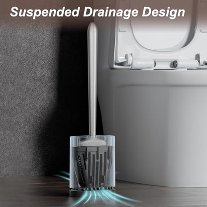 Silicone Toilet Brush, Ventilation Slots Base Holder 1 Pack Silver | Flexible Bristles Flat Head for Rim, Hair Tangle-Free, Easy to Clean, Compact Design, Rustproof Handle, for Toilet/Sink/Tub - color: Silver-1pcs