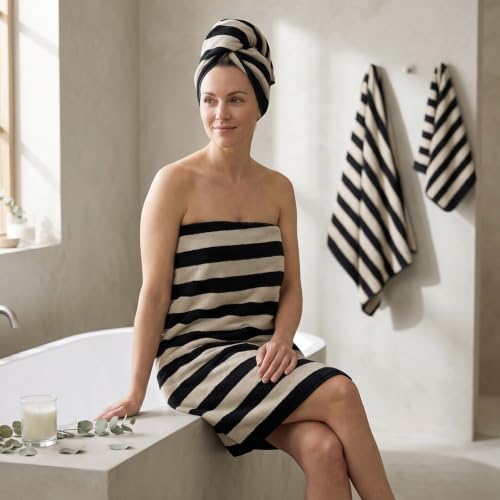 Jacquotha Black Striped Towels Set for Bathroom, 8 Piece Cotton Towels | Soft Quick Dry Towel Set with 2 Bath, 2 Hand, 4 Washcloths, Bathroom Decor & Versatile