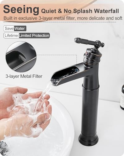 Brass Vessel Sink Faucet Oil Rubbed Bronze, Waterfall Tall Bathroom Faucet 1 Hole with Single Handle, Pop-Up Drain & Water Hose for Farmhouse Vanity Restroom Vessel Bowl Sink, 5 Mins Install - color: Oil Rubbed Bronze - Farmhouse