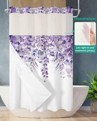 No Hook Shower Curtain and Snap in Liner Set, Purple Eucalyptus Fabric Bathroom Stall Shower Curtains 36x72, See Through Mesh Top Window, Spring Summer Botanical Floral Leaves Country Hotel Style - color: Purple, size: 36"W x 72"L (Pack of 1)