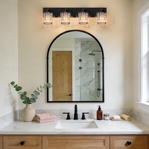 Black Crystal Bathroom Vanity Light, 4-Light Modern Bathroom Lighting Fixtures Over Mirror, Matte Black Wall Sconce Light Fixtures with Square Shade - color: Black-Square Shade, size: 4-LIGHT