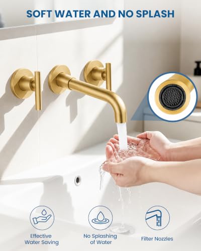 Airuida Wall Mounted Bathroom Sink Faucet,Brushed Gold Vanity Sink Faucet | Lever Handle,3 Holes,360° Widespread Swivel Spout,Rotatable Bathroom Faucet - color: Brushed Gold