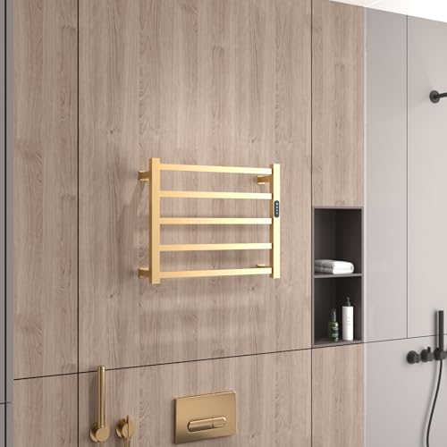 Luxury Heated Towel Rack Wall Mounted Towel Warmers, 5 Bars Towel Warmer Rack for Bathroom with Timer & Temperature Multi-Level Adjustable, Hardwired and Plug-in Compatible (Brushed Gold)