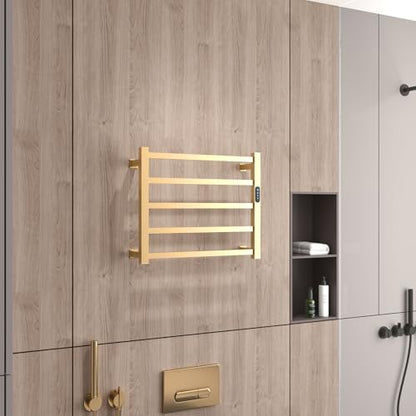 Luxury Heated Towel Rack Wall Mounted Towel Warmers, 5 Bars Towel Warmer Rack for Bathroom with Timer & Temperature Multi-Level Adjustable, Hardwired and Plug-in Compatible (Brushed Gold)