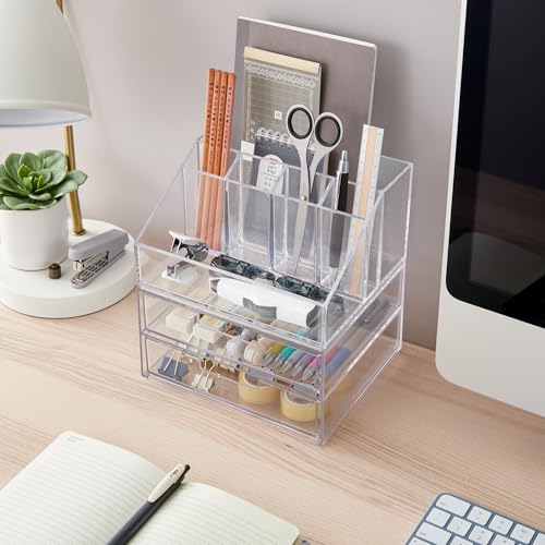 STORi Stackable Desk and Drawer Organizer, Clear Pen Pencil Makeup Brush Holder for Desktops and Vanities, 6 Compartment Caddy with 2 Wide Drawers (Made in USA) - style: Organizer & Drawer Set
