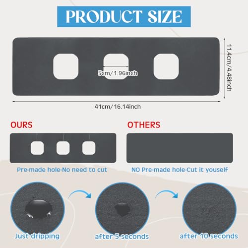 Tioncy 2 Pcs 3 Hole Faucet Mat for Kitchen Sink Kitchen Faucet Absorbent Mat Splash Catcher Sink Drip Catcher for Bathroom Counter(Square Hole,Dark Gray)