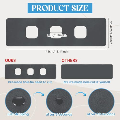 Tioncy 2 Pcs 3 Hole Faucet Mat for Kitchen Sink Kitchen Faucet Absorbent Mat Splash Catcher Sink Drip Catcher for Bathroom Counter(Square Hole,Dark Gray)