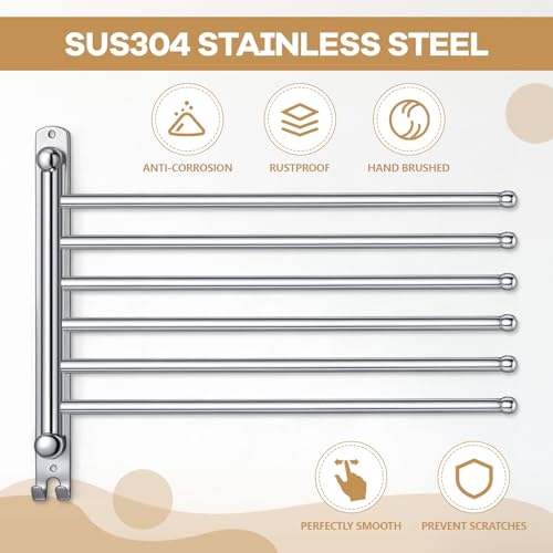 Teenyyou 20.4 Inches Swivel Towel Rack 304 Stainless Steel 6 Arms Bathroom Towel Rack Hanger Pool Holder Wall Mounted Swivel Bar Space Saving with Hook(Sliver) - color: Sliver, size: 20.4 Inches, style: 6 Arms