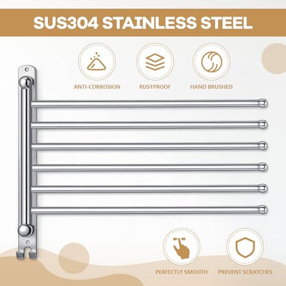 Teenyyou 20.4 Inches Swivel Towel Rack 304 Stainless Steel 6 Arms Bathroom Towel Rack Hanger Pool Holder Wall Mounted Swivel Bar Space Saving with Hook(Sliver) - color: Sliver, size: 20.4 Inches, style: 6 Arms