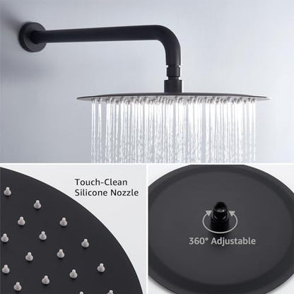 Iriber Mattle Black Round Rain Shower System with 4 PCS Body Jets 3 Function Shower Faucet Set Contain 12 Inch Shower Head and Handheld Wall Mounted Pressure Balance Shower Trim Kit (Valve Included) - color: Matte Black 04