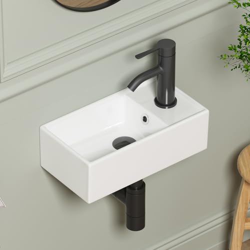 Small Wall Mount Bathroom Vessel Sink, 15.6" X 8.6" Rectangular Floating Ceramic Wash Hand Basin - White Wall Hung Vanity Sink with Overflow for Small Bathroom (Right Hand) - size: 15.6" x 8.6" x 5.1"
