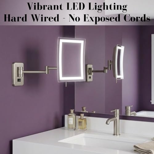 JERDON Hardwired Wall-Mount Makeup Mirror - 5X/1X - Nickel - JRT710NLD | 6.5" x 9" Rectangular Frame, LED Lighting, Direct Wire Install - color: Nickel Direct Wire