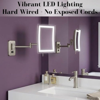 JERDON Hardwired Wall-Mount Makeup Mirror - 5X/1X - Nickel - JRT710NLD | 6.5" x 9" Rectangular Frame, LED Lighting, Direct Wire Install - color: Nickel Direct Wire
