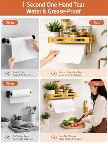 Gold Paper Towel Holder Wall Mount with Shelf, Easy One Hand Tear, Adhesive Glue or Drill Mount Hanging Paper Towel Holder with Shelf for Kitchen/Bathroom/RV, Metal, 4 Hooks - color: Golden