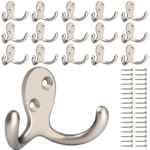 IBosins 16 Pack Silvery Double Prong Coat Hooks Wall Mounted with 32 Screws | Heavy Duty Retro Double Hooks Utility Hooks for Coat, Scarf, Bag, Towel, Key, Cap, Cup, Hat - color: 16 Pcs Silvery