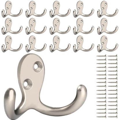 IBosins 16 Pack Silvery Double Prong Coat Hooks Wall Mounted with 32 Screws | Heavy Duty Retro Double Hooks Utility Hooks for Coat, Scarf, Bag, Towel, Key, Cap, Cup, Hat - color: 16 Pcs Silvery