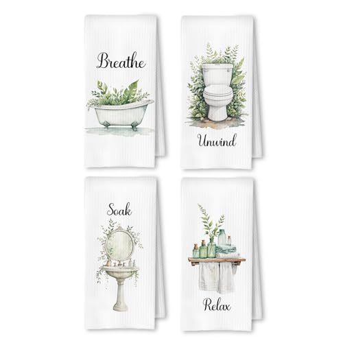 Boho Farmhouse Bathroom Hand Towels Set of 4, Relax Breathe Soak Unwind Botanical Decorative Hand Towels for Gym Yoga Spa Decor, Modern Farmhouse Bathroom Decor, 16x24 Inches - color: Sage Green Botanical