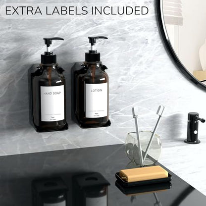 Modern Shampoo and Conditioner Dispenser Wall Mount Set of 3 - No Drill 16oz Bathroom Shower Soap Dispenser Wall Mounted with 6 Labels, Easy to Refill Shower Shampoo Dispenser 3 Chamber - Amber - color: Amber