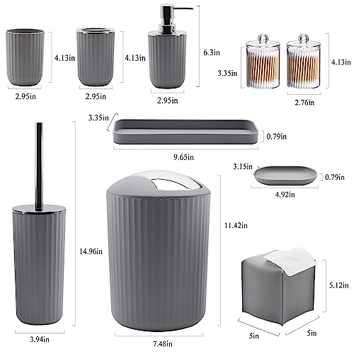 Bathroom Accessory Set, 10 Piece Grey Bathroom Set Complete | Includes Trash Can, Soap Dispenser, Toothbrush Holder, Soap Holder, Tumbler, Toilet Brush, Tray, Qtip Holders, Tissue Cover - color: Grey
