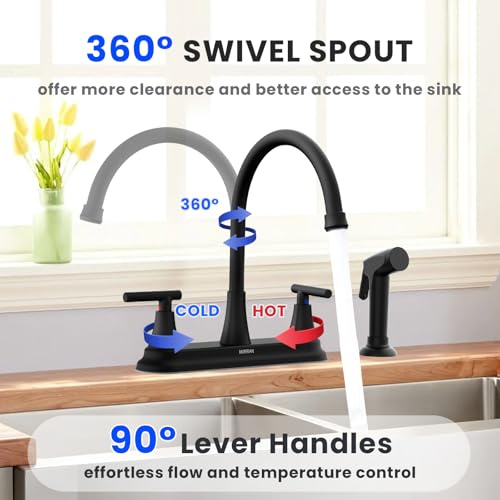 HURRAN 2-Handle Kitchen Faucet with Pull-Out Side Sprayer, 8 Inch High Arch Stainless Steel 360°Rotating Kitchen Sink Faucet, 4 Hole Faucet for Kitchen Bar Rv Camper, Black - color: Black, style: With Side Sprayer