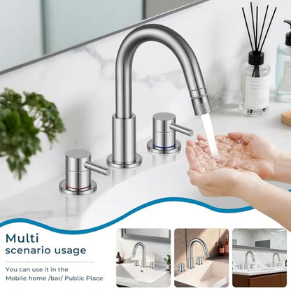8 Inch 3 Hole Brushed Nickle Pull Down Bathroom Sink Faucet | Stainless Steel,Two Water Flow Modes,Brushed Nickle,3 hole Widespread,Pop-up Drain,Water Supply Hoses,Pull Down Sprayer, - color: A-Brushed Nickel