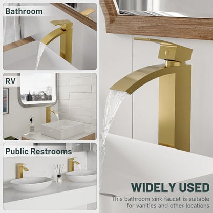 Brushed Gold Vessel Sink Faucet, Waterfall Bathroom Faucets | Brass, Tall Spout, Single Handle 1 Hole Bathroom Faucet, Modern Basin Taps with Supply Line, Pop Up Drain, Without Overflow - color: Brushed Gold, size: Tall