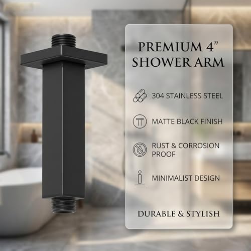 Matte Black Shower Arm with Flange Square Stainless Steel Ceiling Mount Shower Extension Arm Pipe for Shower Head, 4 inch Short - color: Matte Black