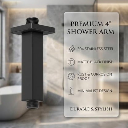 Matte Black Shower Arm with Flange Square Stainless Steel Ceiling Mount Shower Extension Arm Pipe for Shower Head, 4 inch Short - color: Matte Black