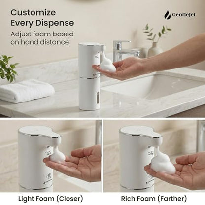 GentleJet JetFoam Automatic Foam Soap Dispenser Touchless Sensor, USB-C Rechargeable, Adjustable Output, IPX5 Waterproof, 300 ml, Bathroom & Kitchen Countertop - color: White