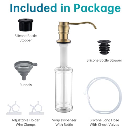 Built in Deck Mount Liquid Lotion Kitchen Countertop Metal Soap Dispenser, Brushed Gold Brass Dispenser Pump with 47.2" Silicone Long Tube for 0.79 "- 1.38" High Capacity Bottle Mouths - color: Brushed Gold, size: With Hose
