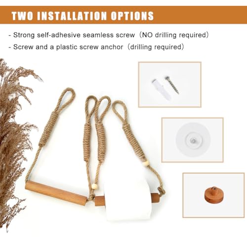 Wood & Rope Wall Toilet Paper Holder, Rustic Tissue Rolls Paper Holder Wall Mounted, Nautical Rattan Bathroom Accessories with Self-Adhesive Seamless Screw (with Bead) - color: Beaded