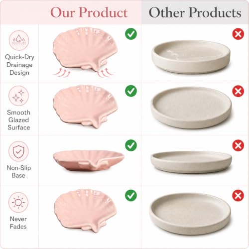 Shell Shaped Ceramic Dish, Self-Draining Glazed Soap Holder, Anti-Slip Tray for Bathroom, Shower & Sink, Cute Elegant Organizer, Easy to Clean – Pink - color: Pink