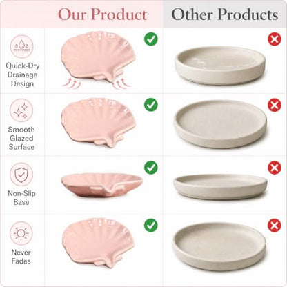 Shell Shaped Ceramic Dish, Self-Draining Glazed Soap Holder, Anti-Slip Tray for Bathroom, Shower & Sink, Cute Elegant Organizer, Easy to Clean – Pink - color: Pink