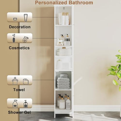 ChooChoo Narrow Bathroom Storage Cabinet with Light, Space Saving | Space Saving,Tall Bathroom Storage Cabinet, 5-Tier, 2 Doors, Slim, Freestanding, Adjustable Shelves, White - color: White