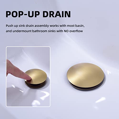 Brushed Gold Pop Up Drain for Bathroom Sink Without Overflow | Brass, Basin Vessel Detachable Basket Drain Strainer Stopper Assembly