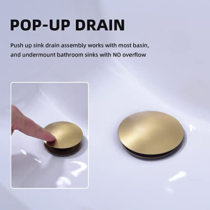 Brushed Gold Pop Up Drain for Bathroom Sink Without Overflow | Brass, Basin Vessel Detachable Basket Drain Strainer Stopper Assembly
