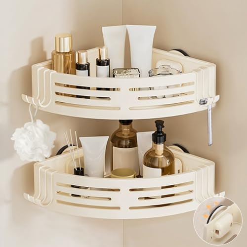 Conworld Corner Shower Caddy Suction Cups, No-Drilling Corner Shower Shelf | No Drilling, No Wall Damage, Aluminum, Rustproof, Suitable for Ceramic Tiles and Glass Walls - color: Cream