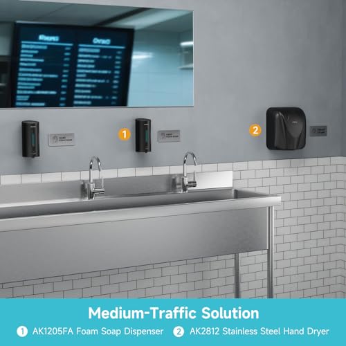 AIKE Automatic Foaming Soap Dispenser 25oz for Bathroom,Matteblack AK1205FA | Rich Foam and Stainless Steel,No-drill and Screw Wall Mount,5-Level Adjustable and Key for Commercial(Batteries Not Included) - color: Matte Black Stainless Steel