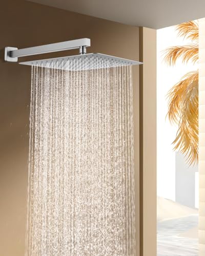 All Metal Rainfall Shower Head with Extension Arm Brushed Nickel, 12" Large Rain Square Showerhead with 16" Shower Arm All Stainless Steel, 144 Silicone Nozzles Waterfall Full Body Coverage - color: Brushed Nickel